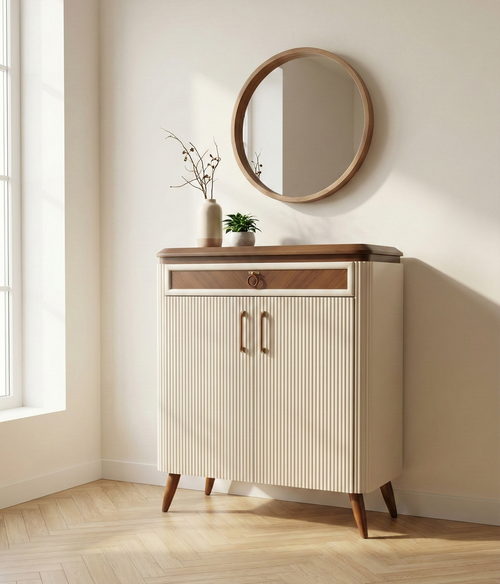 Wooden cabinet with round mirror on a wall in a room with natural light